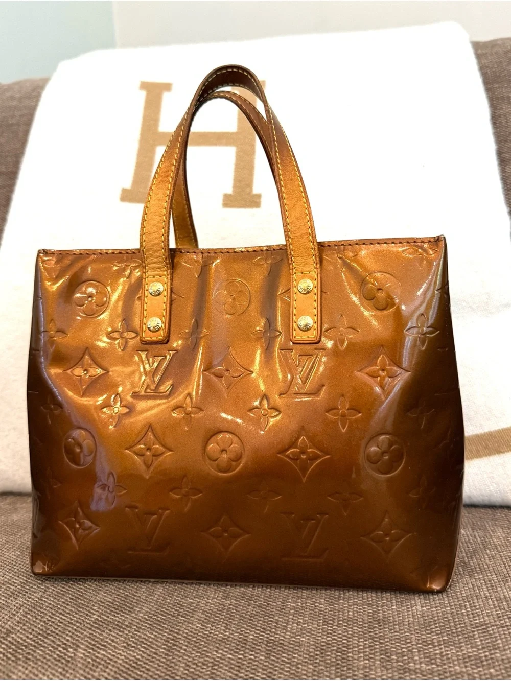 Authentic Louis Vuitton Vernis Reade PM bronze small tote bag brown gold LV
